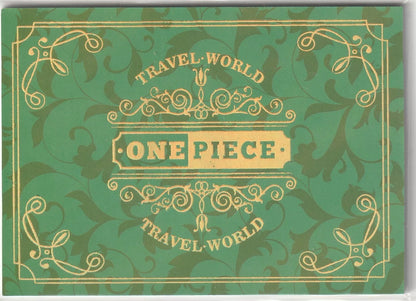 A green and gold decorative pattern with the words "Travel World" and "One Piece" in ornate script.