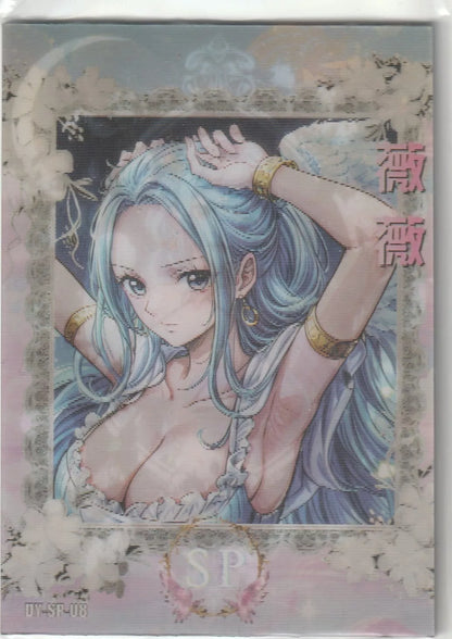 A lenticular image of Nefertari D. Vivi from One Piece, with long blue hair and an elegant outfit, framed by floral decorations.