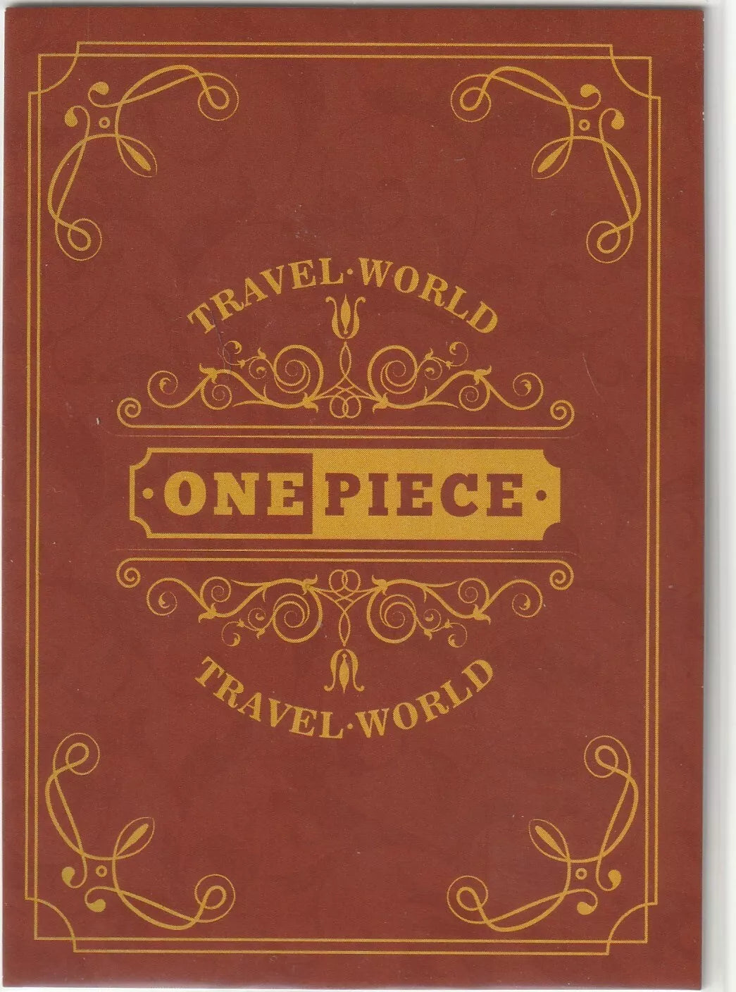 A red and gold decorative design with the words "One Piece" and "Travel World" in the center.