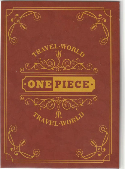 A red and gold ornate design with the words "One Piece" and "Travel World" in the center.