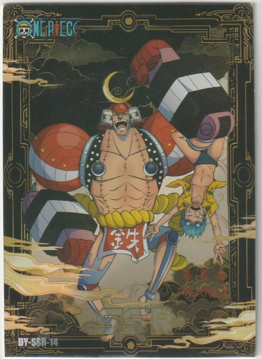 An illustration of Franky from One Piece in his adult cyborg form and his younger self, with vibrant foil accents and detailed design.