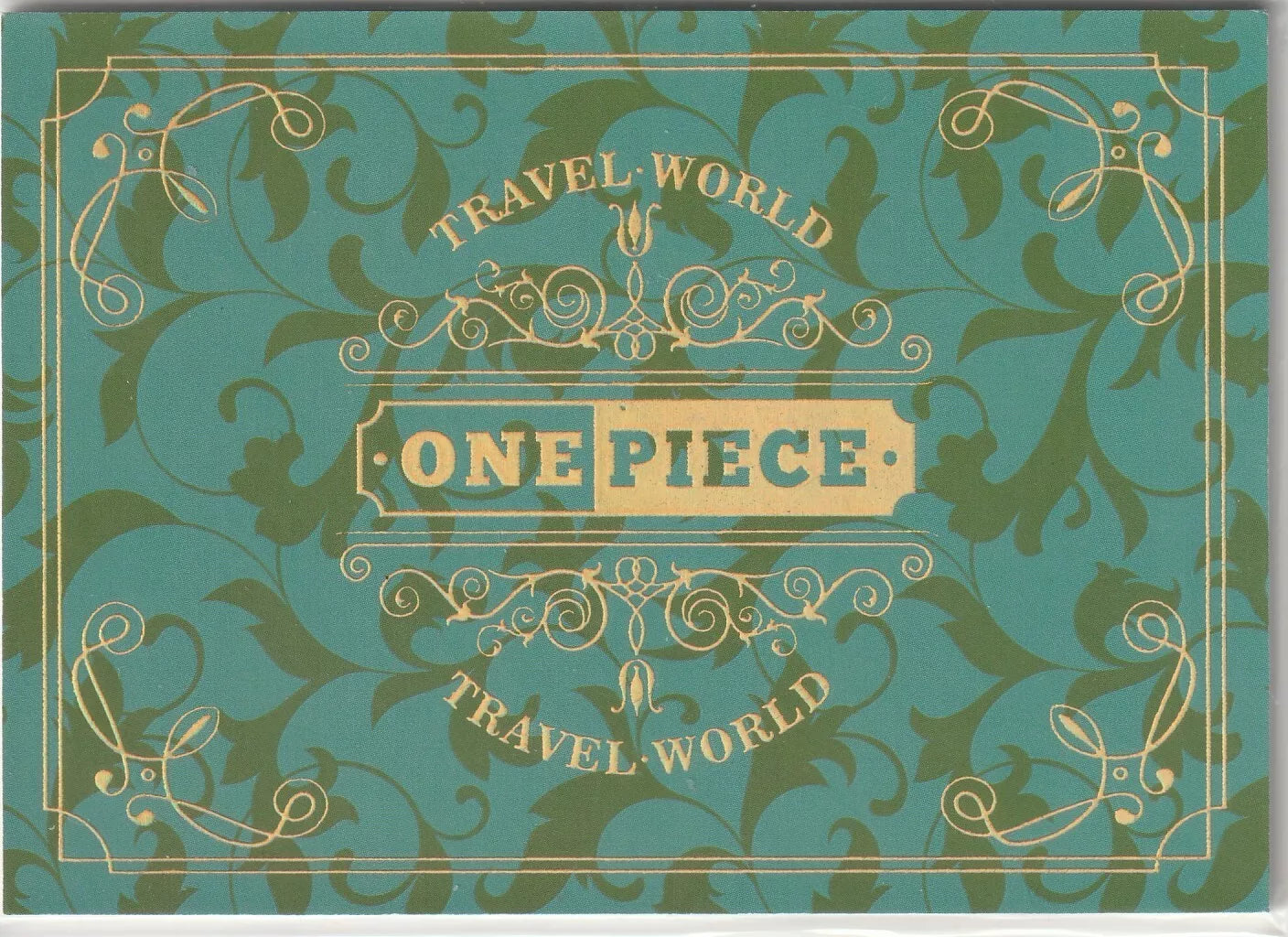 Green and gold ornate back of a One Piece ZR card with the One Piece logo and Travel World text