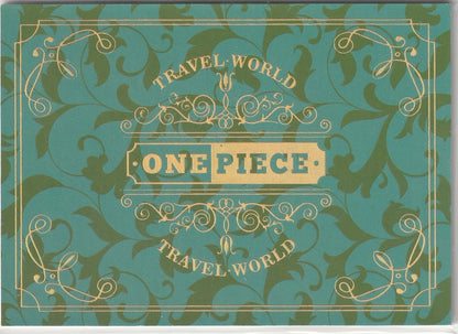 Green and gold ornate back of a One Piece ZR card with the One Piece logo and Travel World text