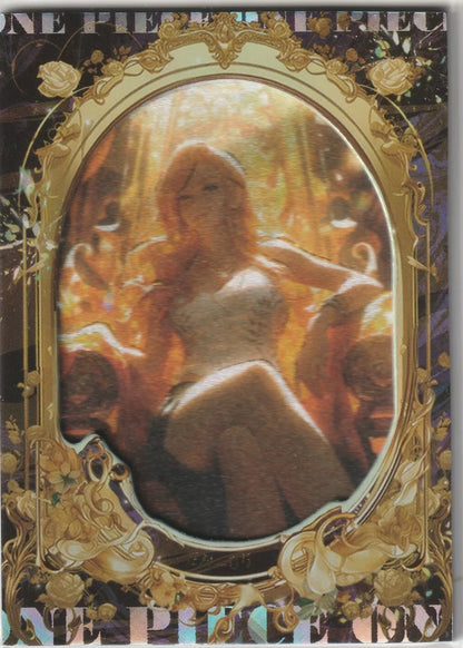 "Nami sitting on a golden throne in a framed glittery border, with golden hues glowing in the background.