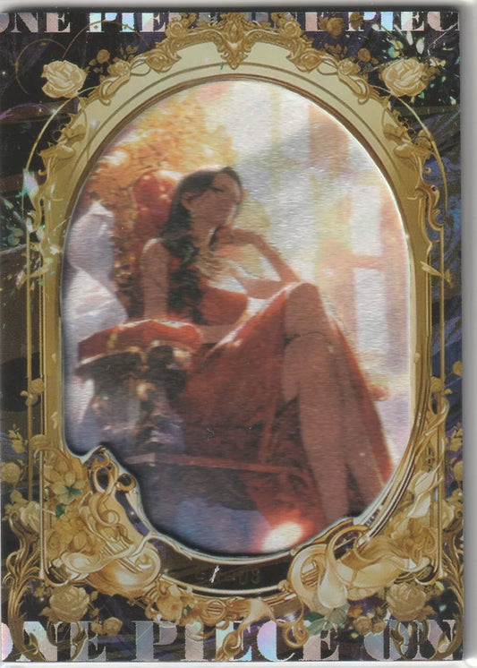 Boa Hancock elegantly sitting on a throne with golden roses and intricate frame details in a glitter effect