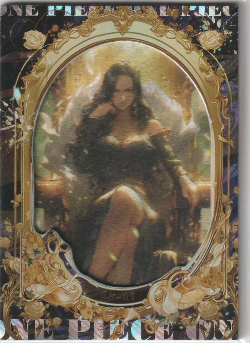 Boa Hancock seated regally on a throne, framed by golden roses and flourishes, with a glittering holographic effect.