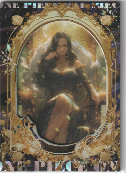 Boa Hancock seated regally on a throne, framed by golden roses and flourishes, with a glittering holographic effect.