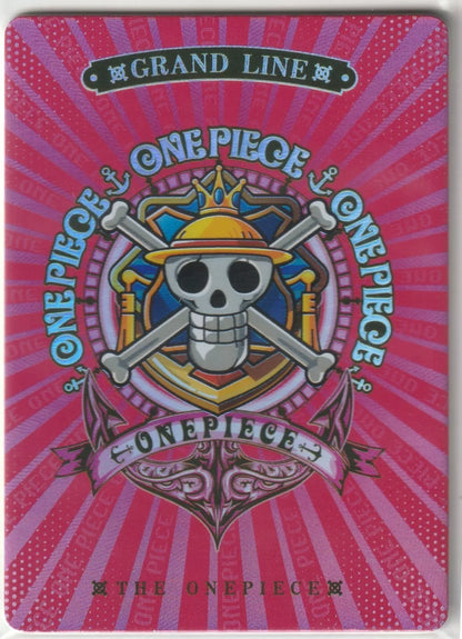 One Piece Anime Card back featuring the iconic One Piece skull and crossbones emblem with a crown, set against a radiant red background with the "Grand Line" banner.