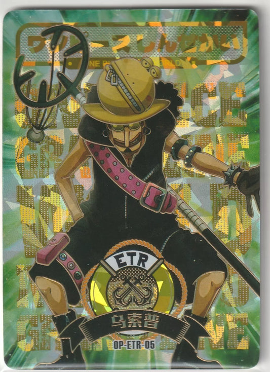 One Piece Anime Card showing God Usopp from Film Red with cracked ice foil accents, holding his staff in a vibrant green and gold background.