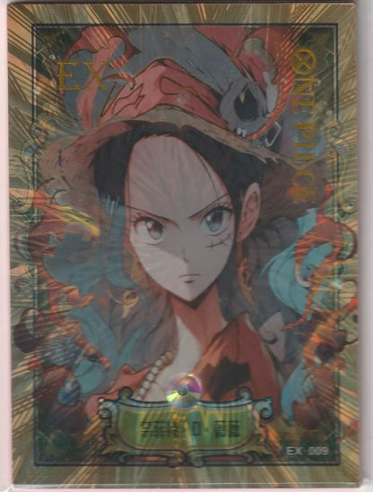 One Piece anime card front featuring Nefertari D. Vivi with a red cloak and skull accessory hat, EX-009, holographic foil with radiant gem-like shine.