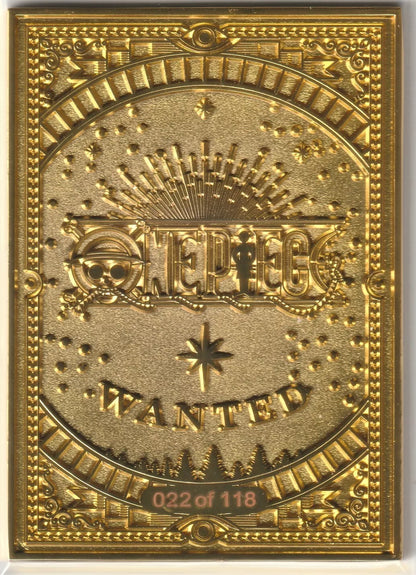 The back of an anime card with a metallic gold design, featuring a One Piece emblem, "Wanted" text, and the edition number 022 of 118.