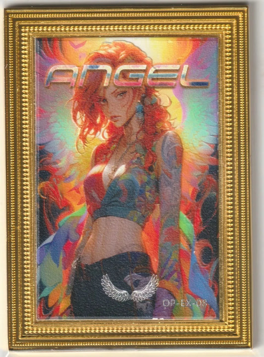 An anime card featuring Nami from One Piece styled as an angel with red hair and colorful wings, encased in a golden frame.