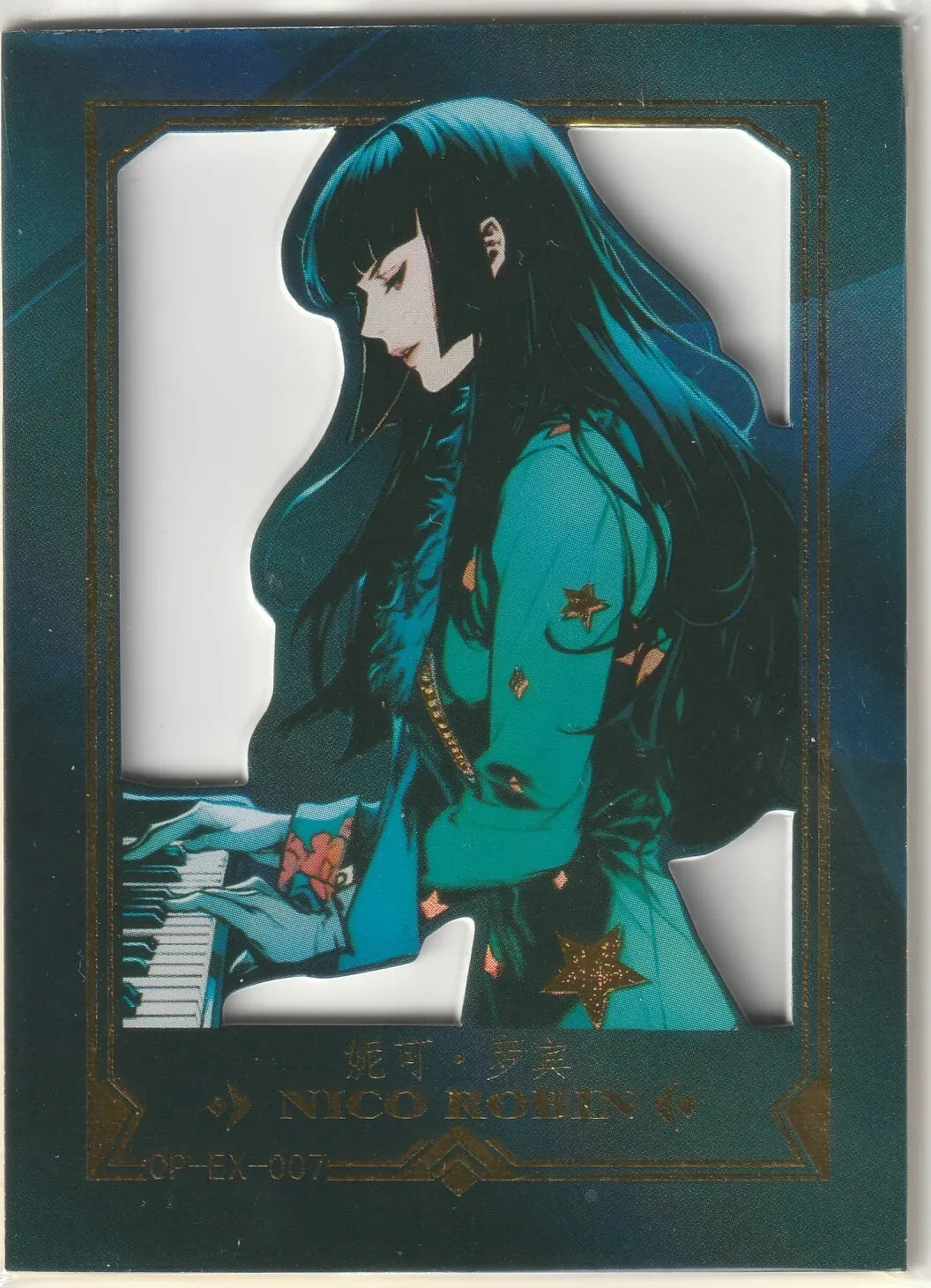 One Piece Anime Card featuring Nico Robin playing the piano in a die-cut window design with gold accents and a dark teal background.