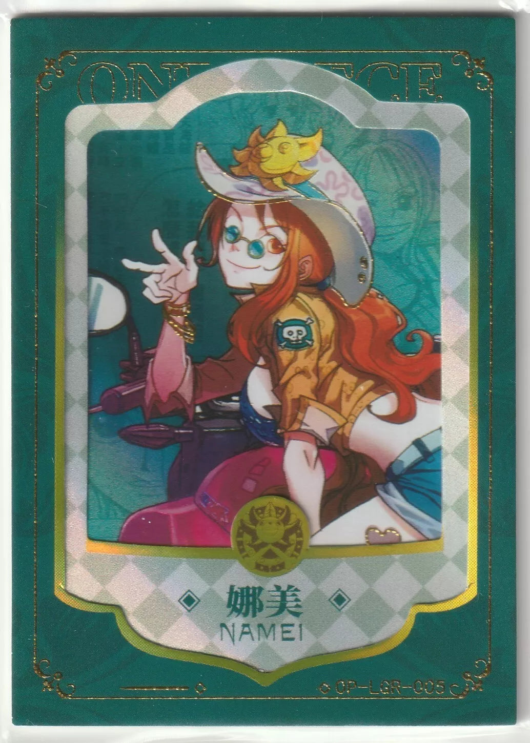 One Piece anime card front of Nami in a cowboy outfit, OP-LGR-005, with a playful pose and gold-framed borders, featuring a motorcycle and bird hat