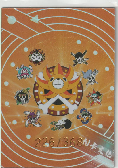 The back of an anime card featuring the Thousand Sunny ship with chibi-style Straw Hat pirate emblems, marked as 226/368, against an orange geometric background.