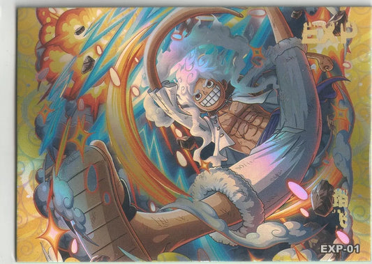 Front: The front of the card depicts Monkey D. Luffy in his Joyboy Nika form, bursting with energy and power. Luffy is shown in a dynamic pose, wearing his trademark grin, as he launches a powerful kick surrounded by colorful, explosive effects. His flowing white hair and glowing body are accentuated by the bright foil finish, which enhances the vibrant action scene. The card's energetic colors and intricate details make this depiction of Luffy stand out. The "EXP-01" marking in the corner signifies its rar