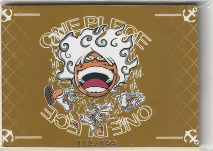 The back of an anime card featuring Luffy in Gear 5 form with a playful expression and multiple action poses, marked as 114/199.