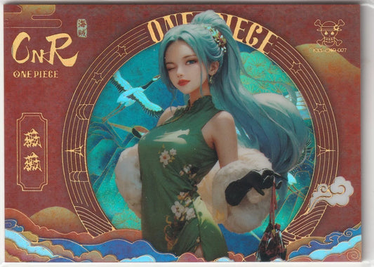 One Piece Nefertari Vivi character on glossy card front, wearing a green floral cheongsam, winking, with teal hair tied up, holding a fan in an elegant pose.