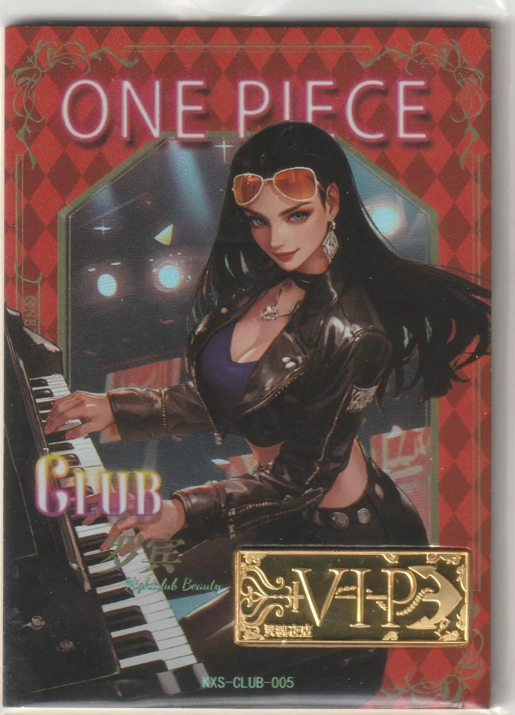 Nico Robin on a glossy card front, sitting at a piano in a night club, wearing a black leather jacket and sunglasses, with a VIP golden plaque on the corner.