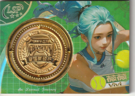 One Piece Vivi Tennis Club themed card with a green background, featuring a gold spinner coin and Vivi in a tennis outfit, swinging her racket with teal hair in a ponytail