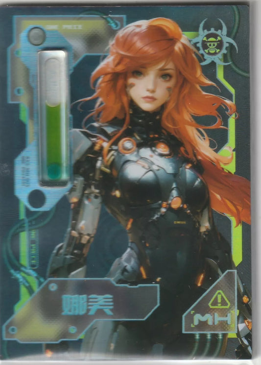 One Piece Nami in a futuristic cyborg outfit on a glossy card front, with red hair and mechanical armor enhancements, set against a neon tech-themed background.