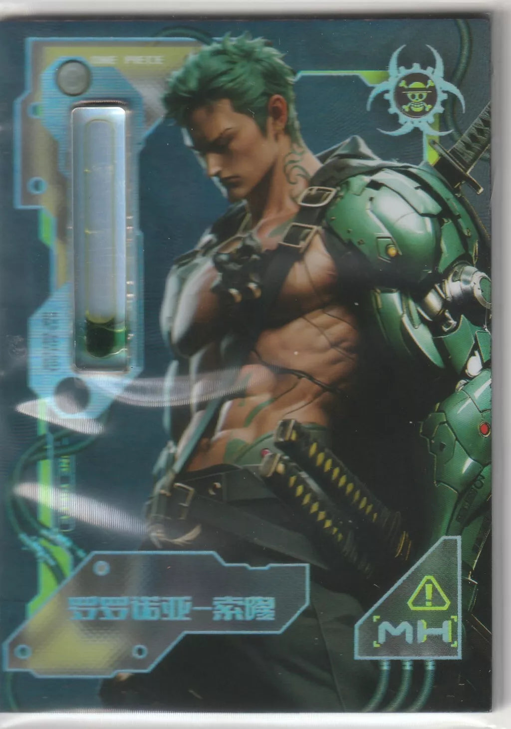 One Piece Zoro in a futuristic cyborg outfit on a glossy card front, with green hair, mechanical armor, and swords on his back, set against a sci-fi background.