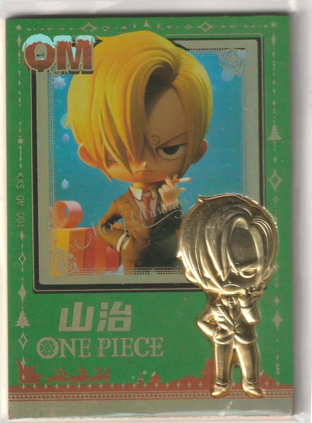 Chibi version of Sanji Vinsmoke in a suit on a glossy card front, holding a cigarette with a festive Christmas theme and silver embossed figure.