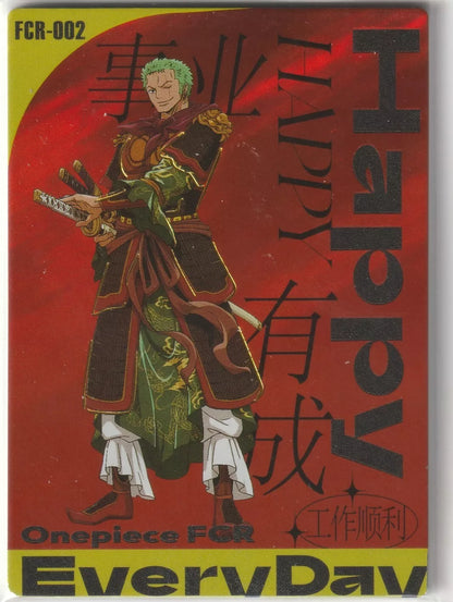 An anime card featuring Roronoa Zoro in a traditional warrior outfit with a red background and the words “Happy Everyday” in a foil, textured finish.