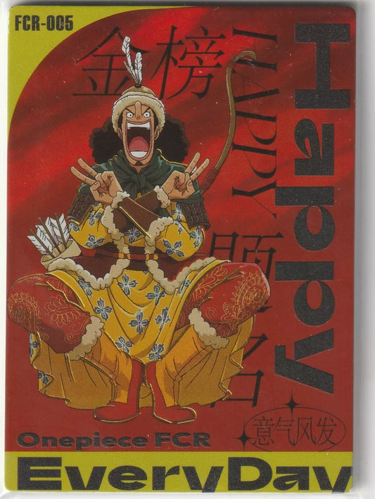 Usopp from One Piece in a vibrant and festive outfit, smiling widely and holding up peace signs. The card reads "Happy Everyday" with decorative foil accents.