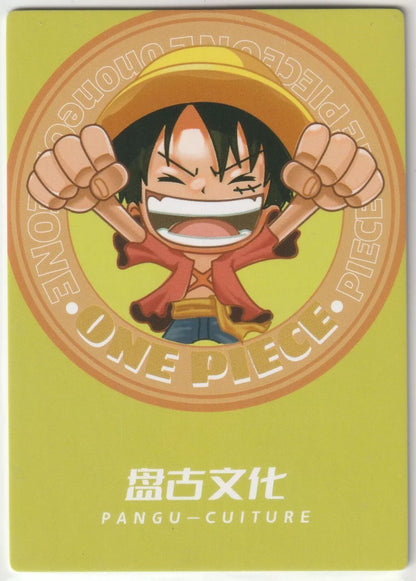 Chibi Luffy with a joyful expression against a green "One Piece" themed background.