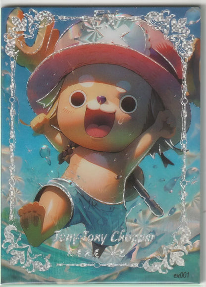 An anime card featuring Tony Tony Chopper from One Piece, joyfully splashing at the beach in a playful scene with a foil finish.