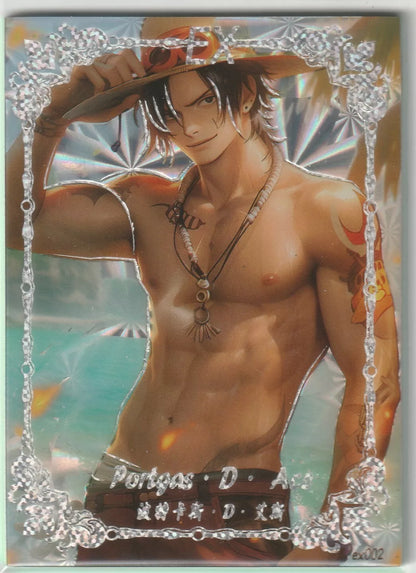 An anime card featuring Portgas D. Ace from One Piece at the beach, shirtless, with a smirk, in a foil finish and surrounded by ornate silver borders.