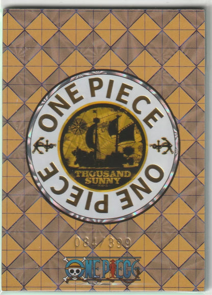 The back of an anime card featuring the One Piece logo with the Thousand Sunny ship in gold tones, marked as 084/399.