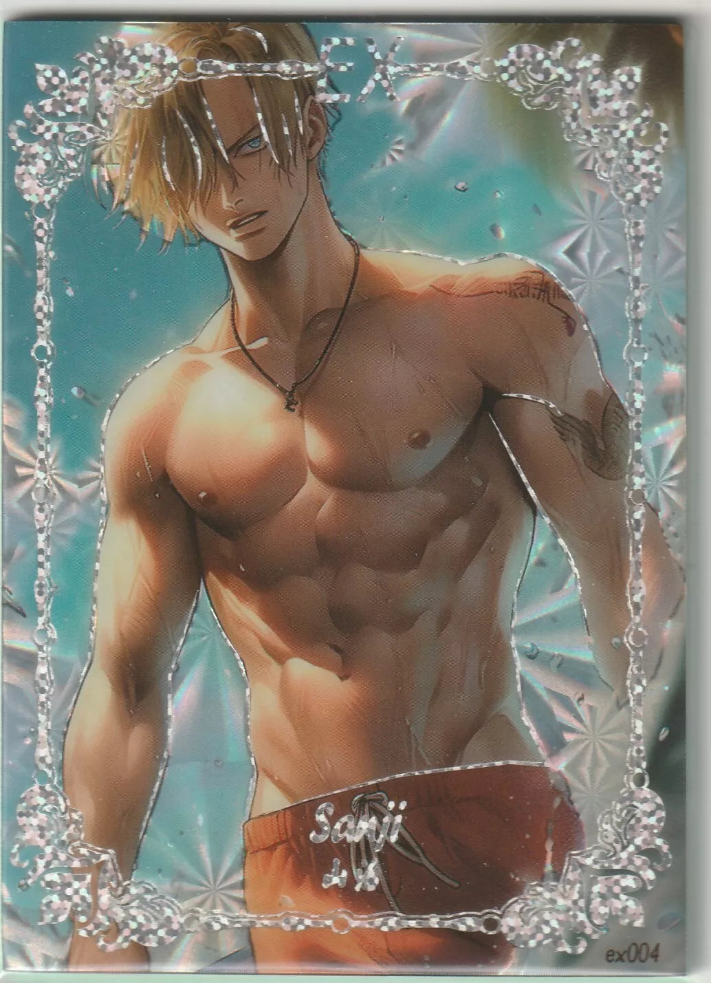 An anime card featuring Sanji Vinsmoke from One Piece, shirtless at the beach, in a foil finish and surrounded by ornate silver borders.