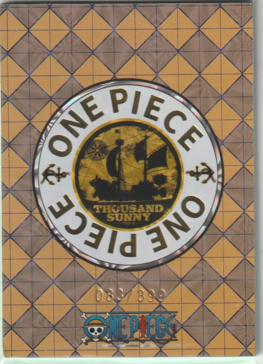 The back of an anime card featuring the One Piece logo with the Thousand Sunny ship, marked as 083/399, against a yellow diamond-grid pattern.