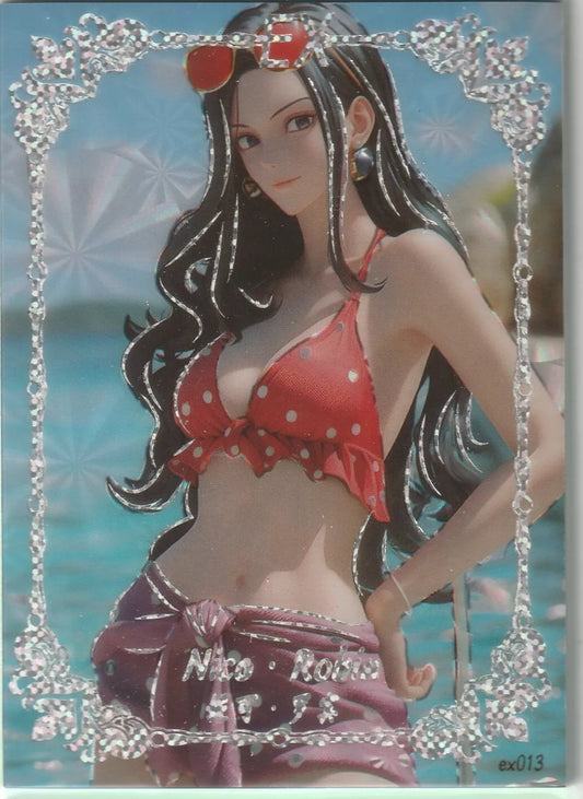 An anime card featuring Nico Robin from One Piece, posing at the beach in a red polka-dotted bikini, surrounded by ornate silver borders and a foil finish.