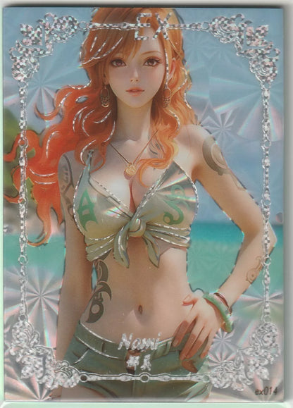 An anime card featuring Nami from One Piece in a green bikini top and shorts, posing at the beach, with a foil finish and silver ornate borders.