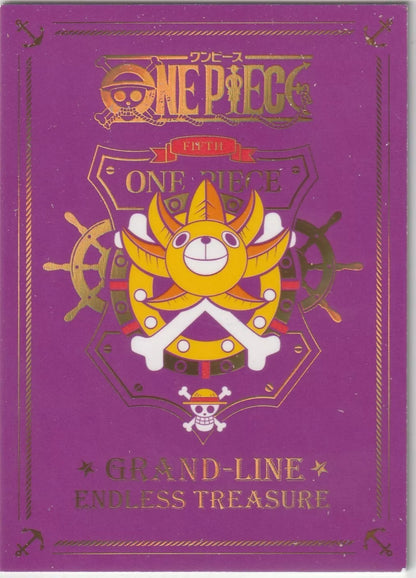 One Piece Endless Treasure 5 SP-001 Monkey D. Luffy Cracked Ice Short Print Back – Grand Line Endless Treasure logo with gold details on a purple background.