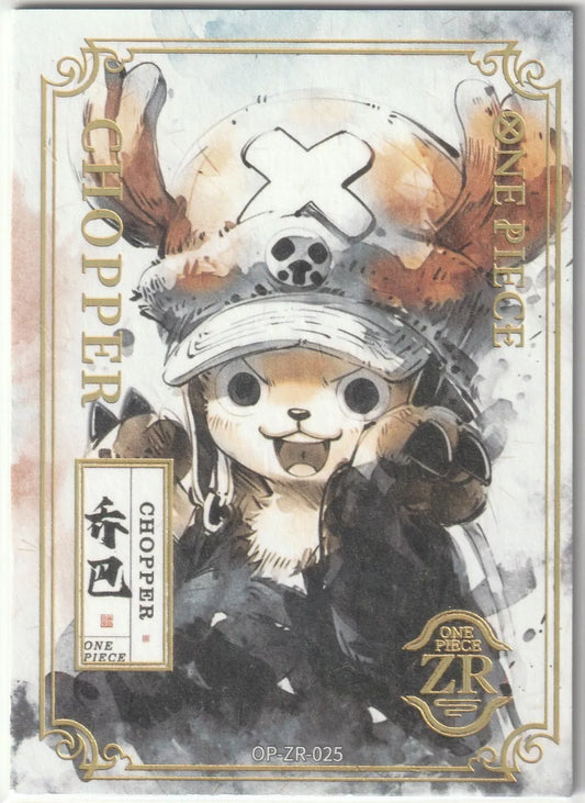 One Piece Endless Treasures OP ZR-025 Tony Tony Chopper card featuring Chopper in a playful, adorable pose with a watercolor art style and golden accents.