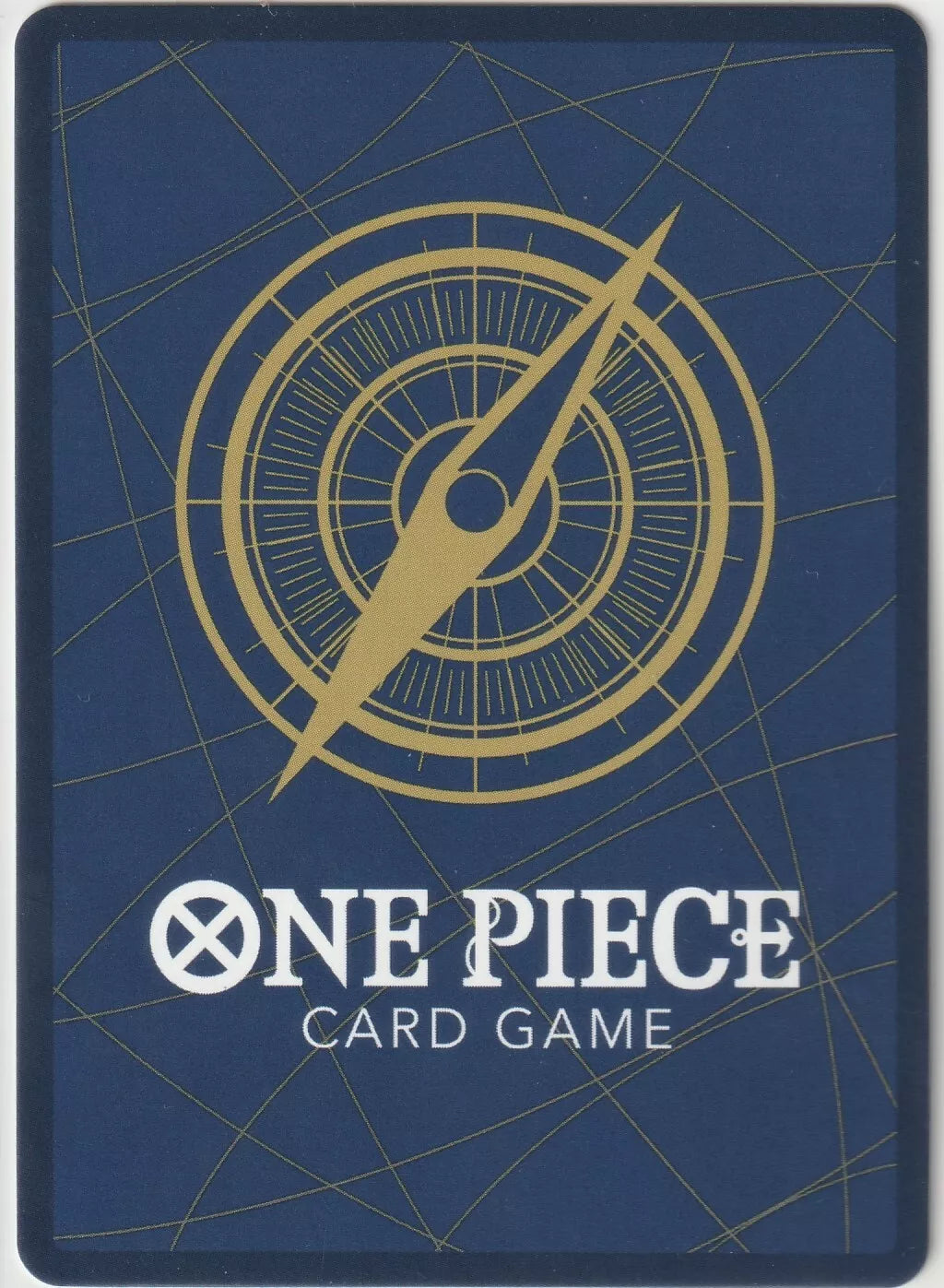 "One Piece card game back design featuring a golden compass on a navy-blue background."