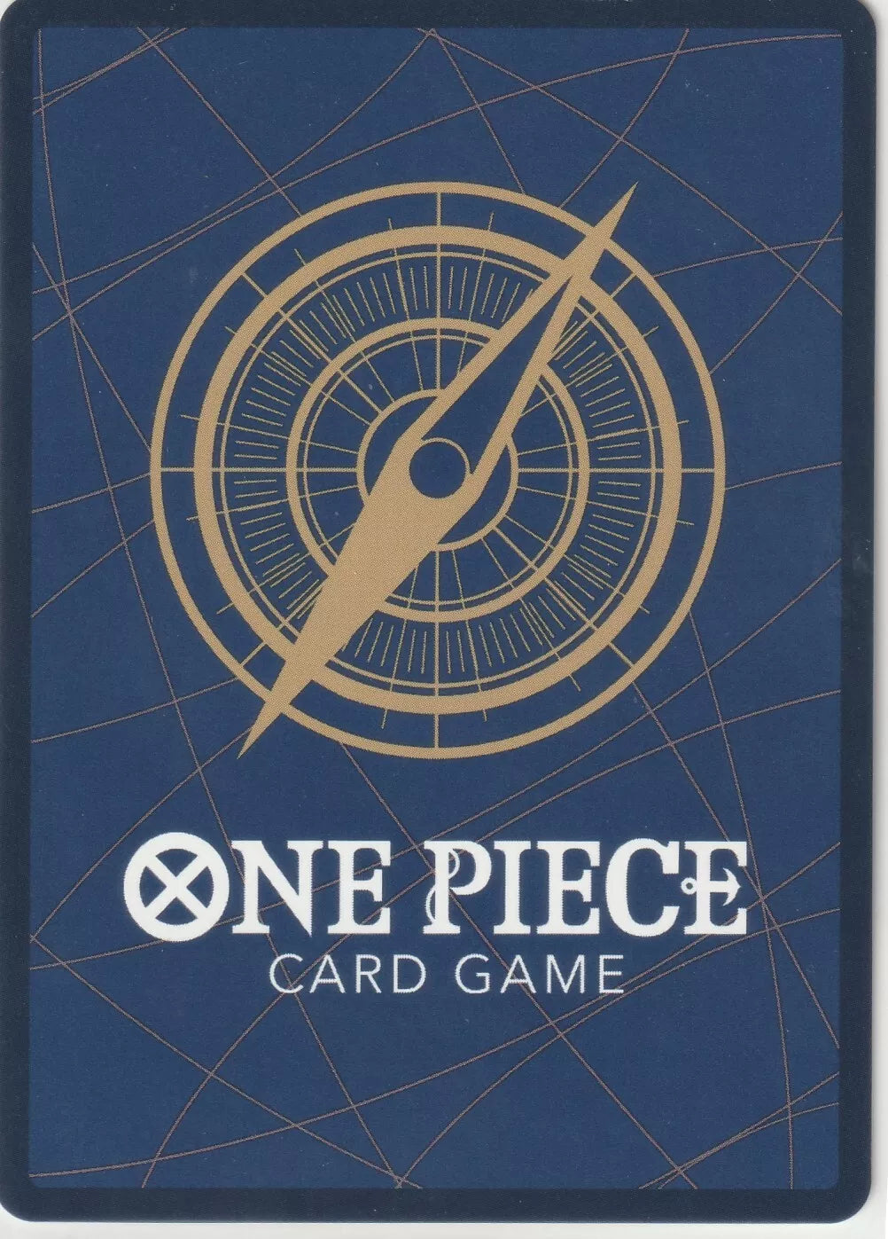 One Piece card game back design featuring a golden compass on a navy-blue background.