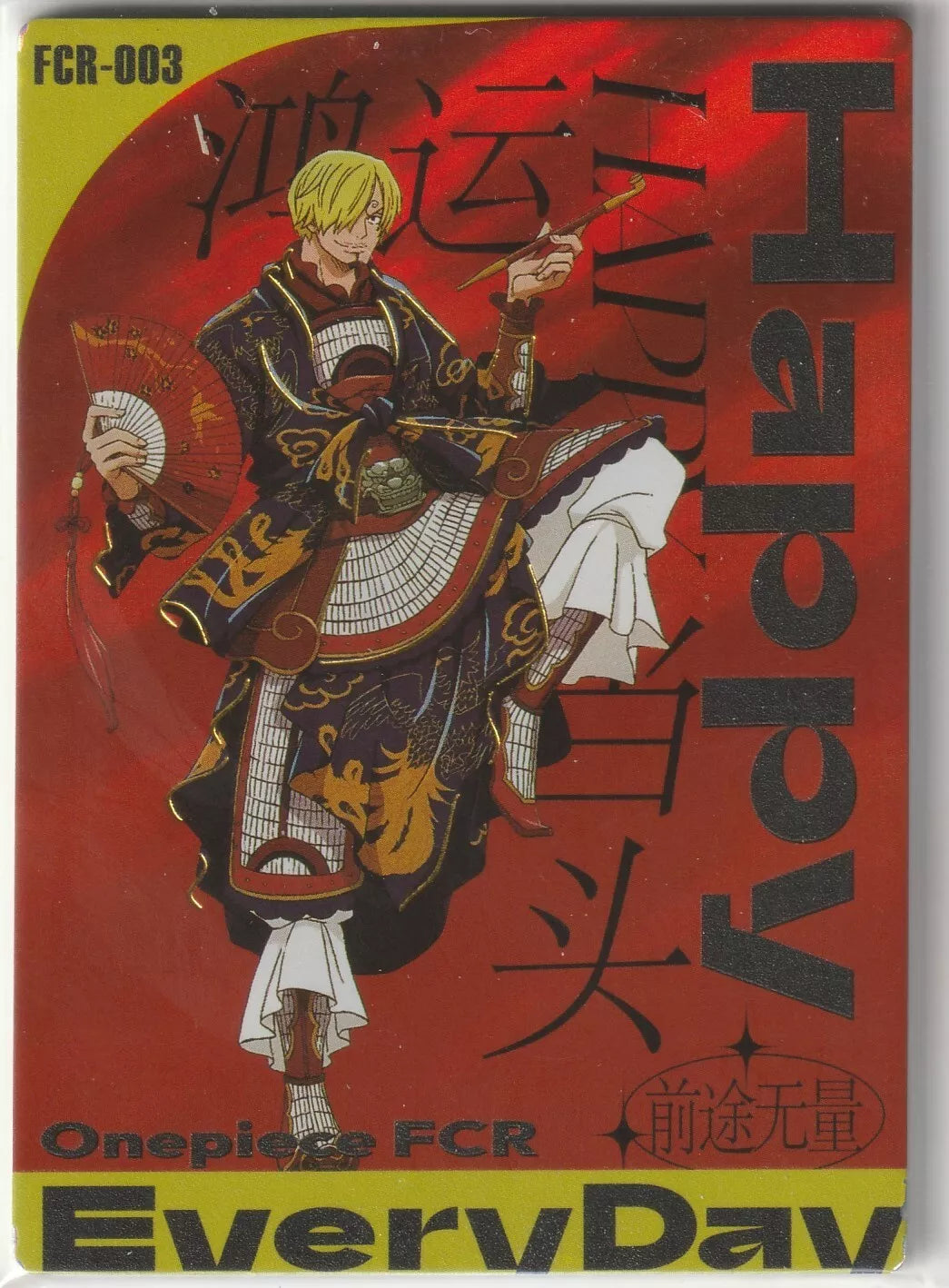 An anime card featuring Sanji Vinsmoke in a traditional outfit with a red background and the words “Happy Everyday” in a foil, textured design.