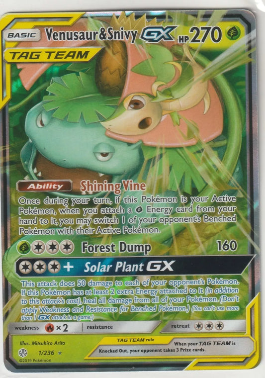 Pokemon Sun Moon Cosmic Eclipse Tag Team 1/236 Venusaur & Snivy GX GX Full Art