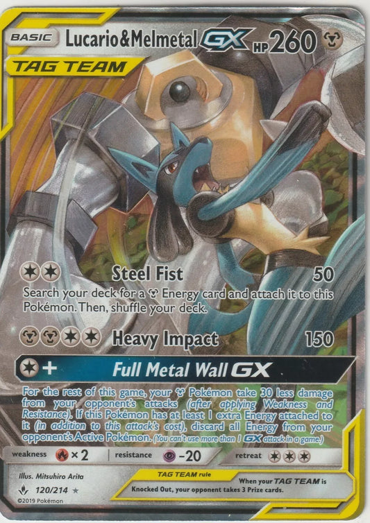 Pokemon Sun Moon Unbroken Bonds Tag Team 120/214 Lucario & Melmetal GX Full Art