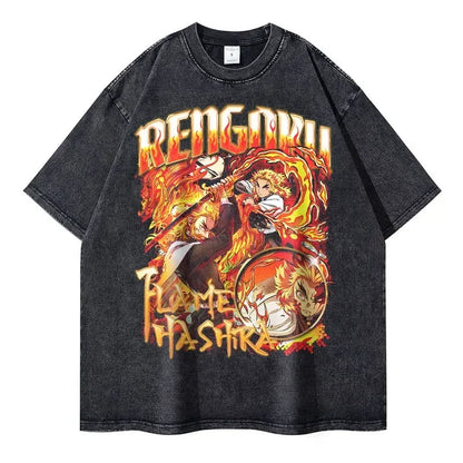 Vintage Washed Rengoku Flame Hashira Oversized T-Shirt - Demon Slayer Anime Streetwear