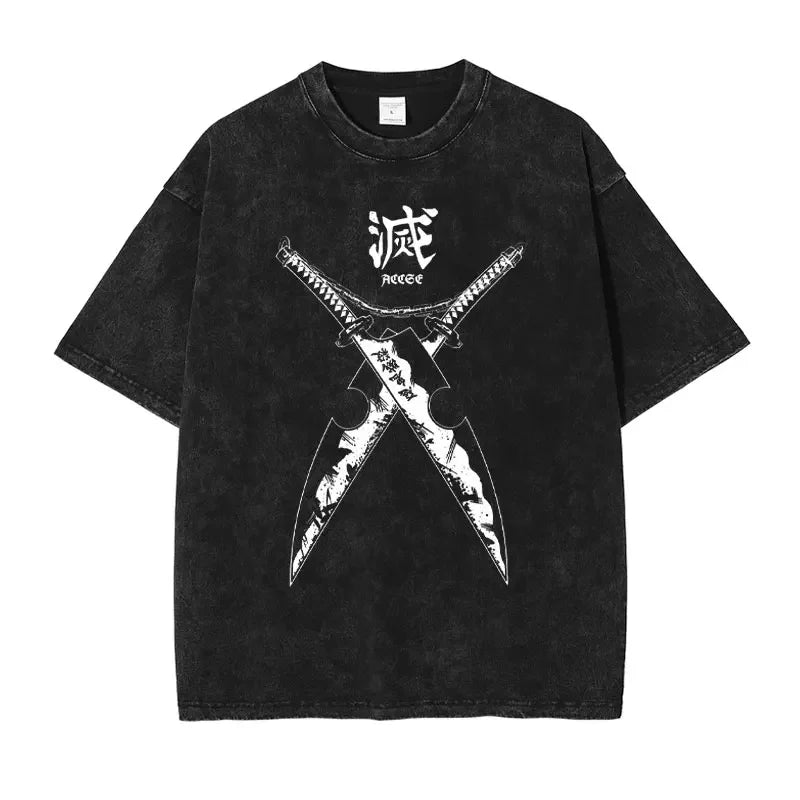 Vintage Washed Tengen Uzui Nichirin Cleavers Oversized T-Shirt - Demon Slayer Anime Streetwear