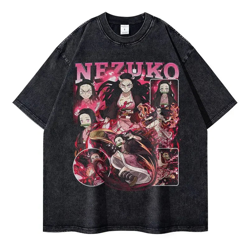 Vintage Washed Nezuko Kamado Fighting Oversized T-Shirt - Demon Slayer Anime Streetwear