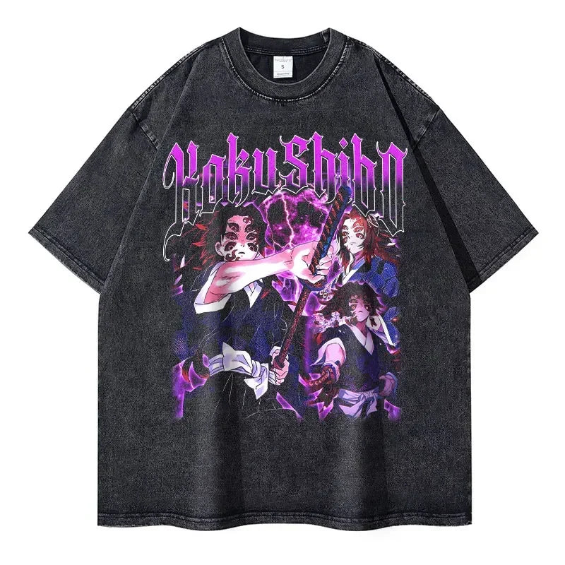 Vintage Washed Kokushibo Oversized T-Shirt - Demon Slayer Anime Streetwear