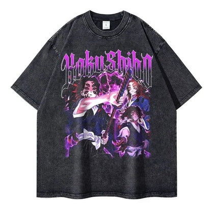 Vintage Washed Kokushibo Oversized T-Shirt - Demon Slayer Anime Streetwear