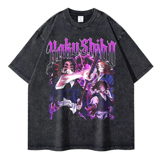 Vintage Washed Kokushibo Oversized T-Shirt - Demon Slayer Anime Streetwear